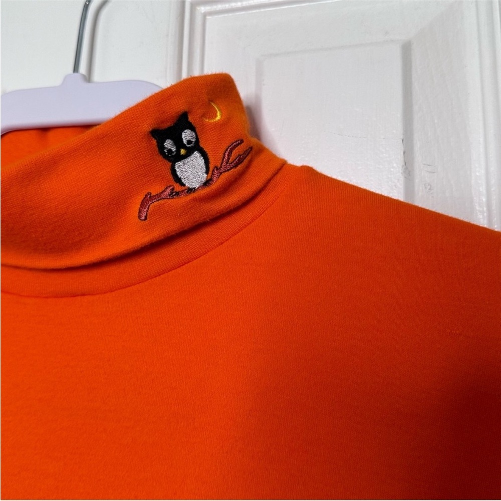 Holiday Editions Halloween Long Sleeve Orange Turtleneck Embroidered Owl Shirt